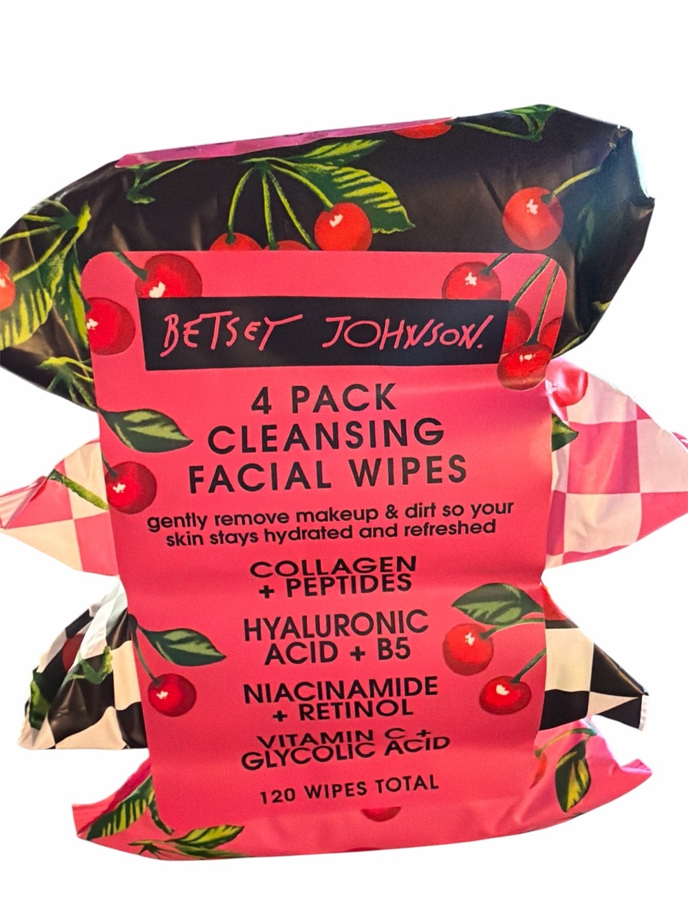 NWT Betsey Johnson 4-Pack Facial Cleansing Wipes - Cherry & Checkered (120 Ct)